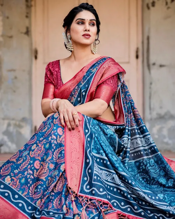 Teal_Blue_and_Coral_Tussar_Silk_Saree_with_Floral_Weaves_and_Geometric_Pallu