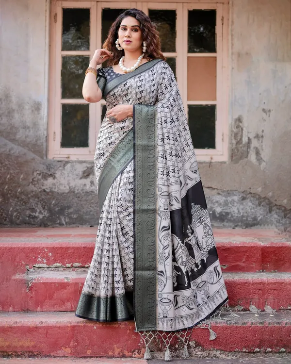 Monochrome_White_and_Black_Tussar_Silk_Saree_with_Tribal_Art_Motifs_and_Zari_Border