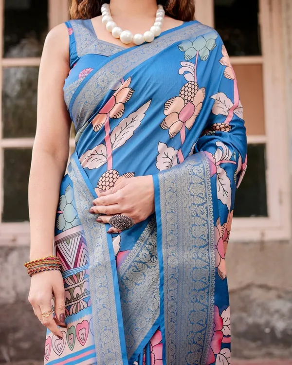 Sky_Blue_Tussar_Silk_Saree_with_Bold_Floral_Motifs_and_Chevron_Pallu_Design