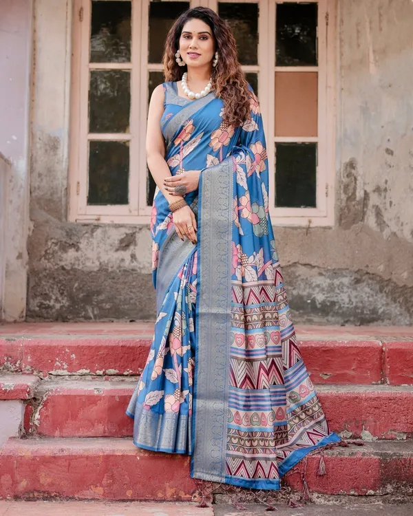 Sky_Blue_Tussar_Silk_Saree_with_Bold_Floral_Motifs_and_Chevron_Pallu_Design