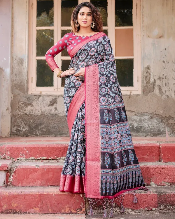 Black_and_Coral_Tussar_Silk_Saree_with_Intricate_Circular_Motifs_and_Ornamental_Pallu