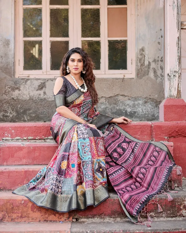 Multicolor_Tussar_Silk_Saree_with_Ornamental_Patchwork_and_Olive_Zari_Border