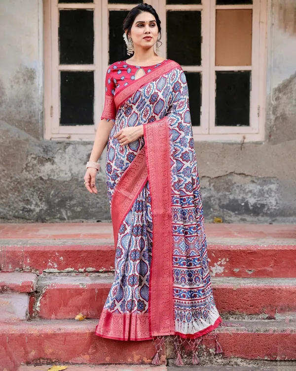 White_and_Red_Tussar_Silk_Saree_with_Vibrant_Floral_Geometric_Motifs_and_Ornamental_Zari_Border