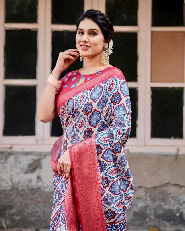 White_and_Red_Tussar_Silk_Saree_with_Vibrant_Floral_Geometric_Motifs_and_Ornamental_Zari_Border