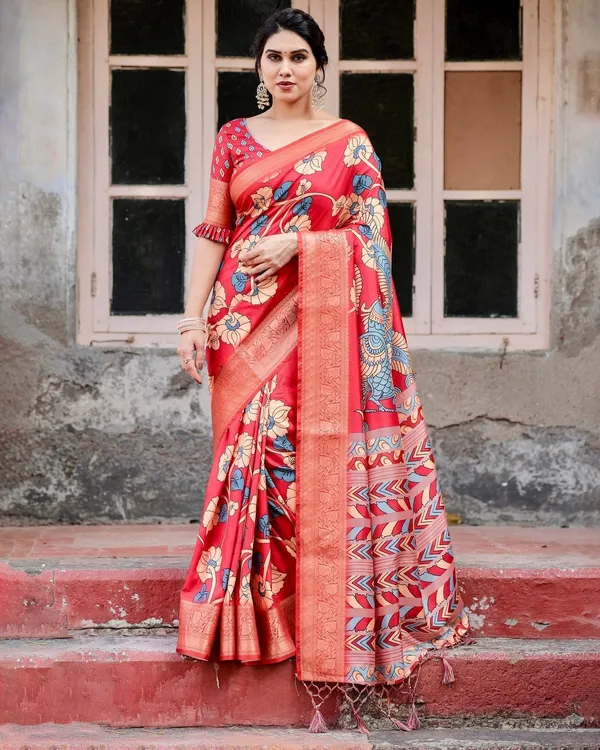 Vibrant_Red_Tussar_Silk_Saree_with_Bold_Floral_Motifs_and_Chevron_Patterned_Pallu