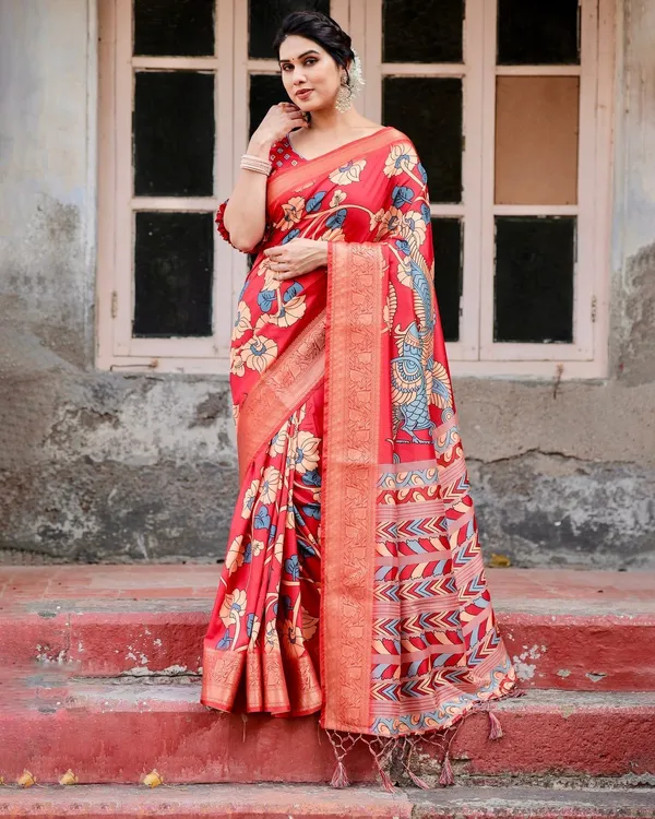 Vibrant_Red_Tussar_Silk_Saree_with_Bold_Floral_Motifs_and_Chevron_Patterned_Pallu
