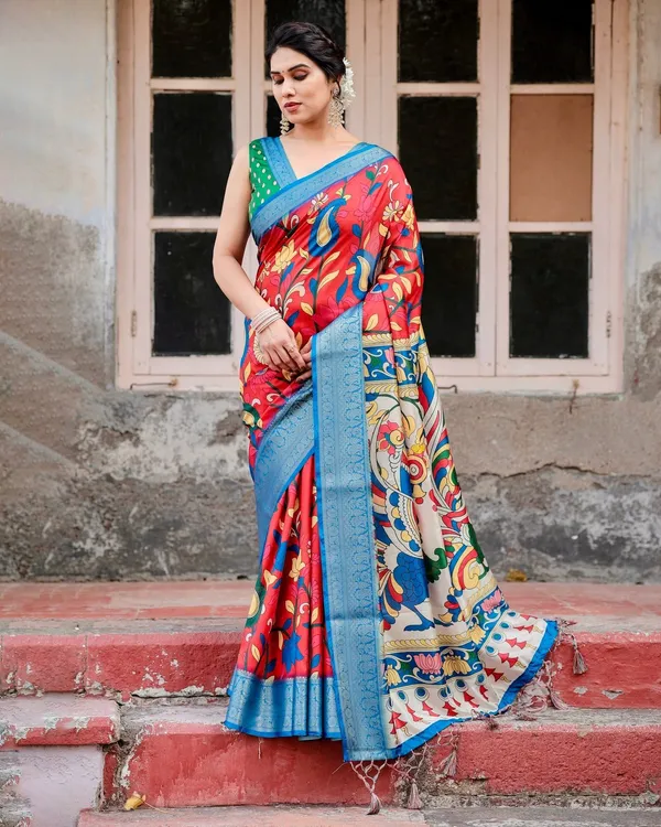 Multicolor_Tussar_Silk_Saree_with_Vibrant_Peacock_and_Floral_Motifs