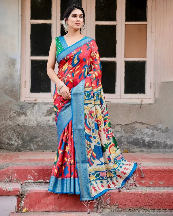 Multicolor_Tussar_Silk_Saree_with_Vibrant_Peacock_and_Floral_Motifs