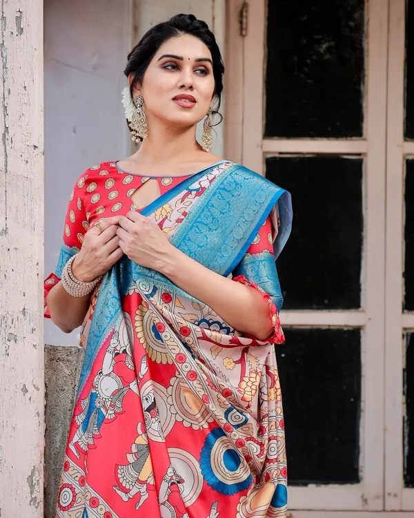 Beige_and_Red_Tussar_Silk_Saree_with_Divine_Motifs_and_Floral_Zari_Border