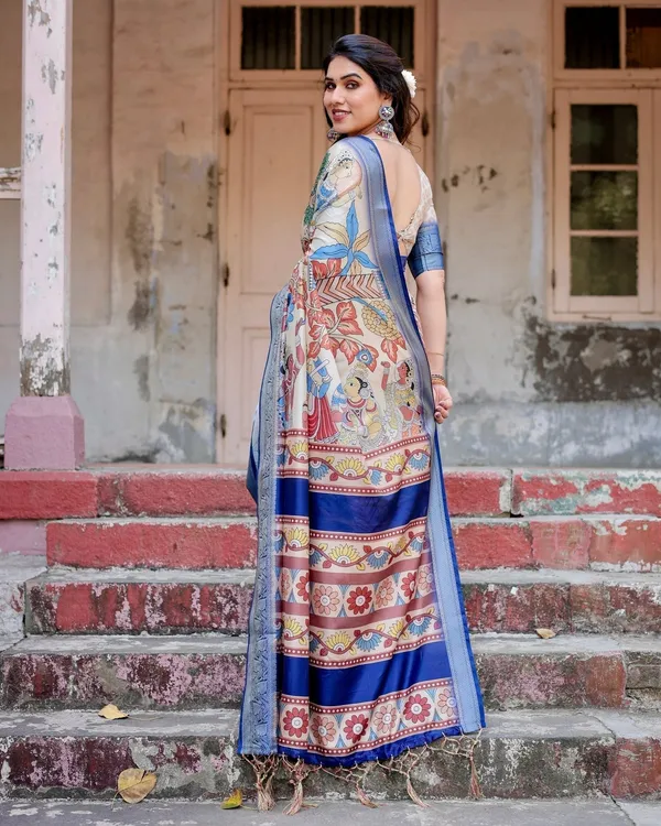 Multicolor_Tussar_Silk_Saree_with_Artistic_Floral_Motifs_and_Traditional_Blue_Zari_Border
