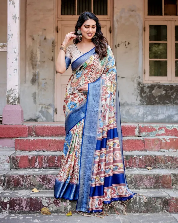 Multicolor_Tussar_Silk_Saree_with_Artistic_Floral_Motifs_and_Traditional_Blue_Zari_Border