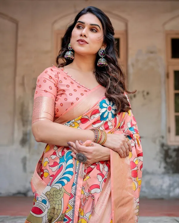 Peach_Tussar_Silk_Saree_with_Vibrant_Floral_Kalamkari_and_Zari_Highlights