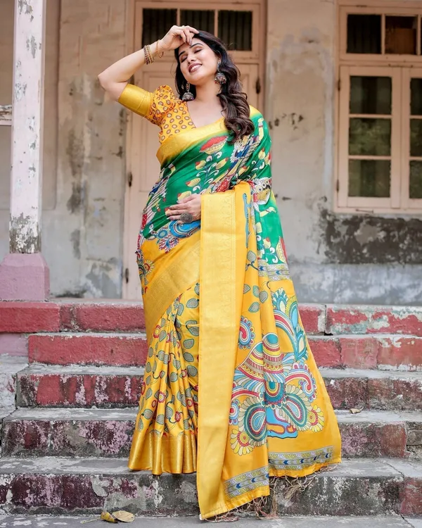 Golden_Yellow_Tussar_Silk_Saree_with_Vibrant_Peacock_Kalamkari_Motifs