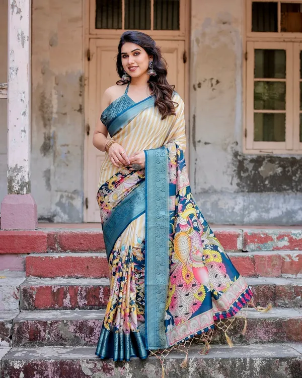 Beige_&_Teal_Tussar_Silk_Saree_with_Intricate_Kalamkari_and_Zari_Border