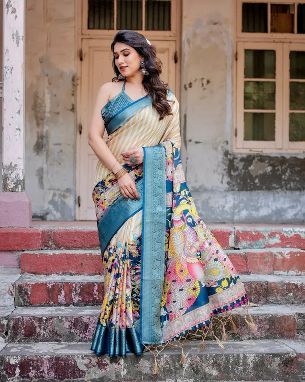 Beige_&_Teal_Tussar_Silk_Saree_with_Intricate_Kalamkari_and_Zari_Border