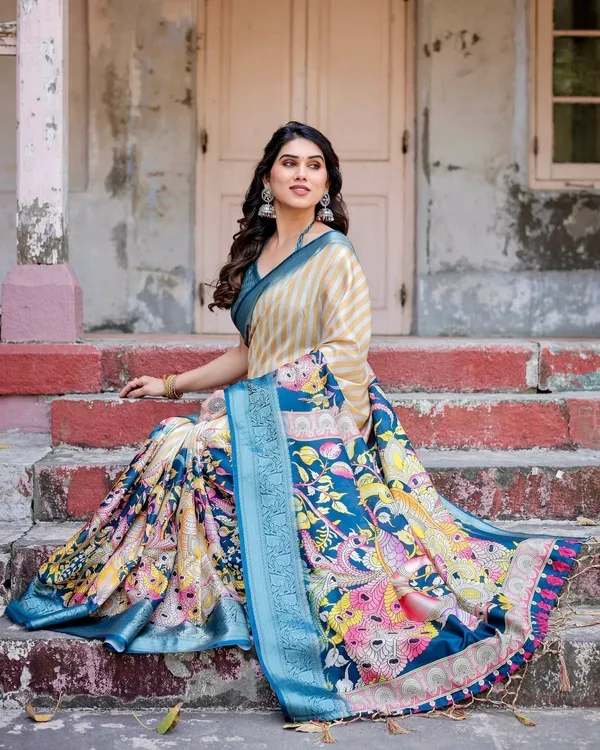 Beige_&_Teal_Tussar_Silk_Saree_with_Intricate_Kalamkari_and_Zari_Border