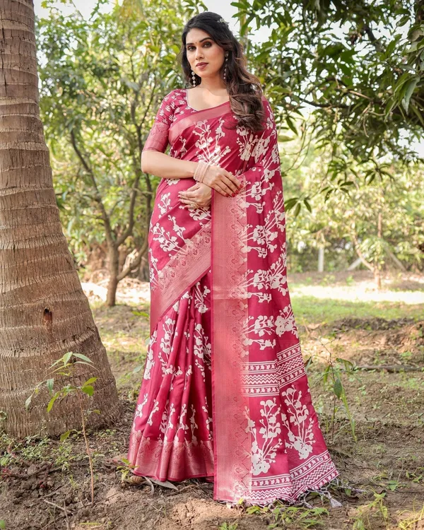 Maroon_Tussar_Silk_Saree_with_White_Floral_Motifs,_Intricate_Zari_Border,_and_Elegant_Tassel_Pallu