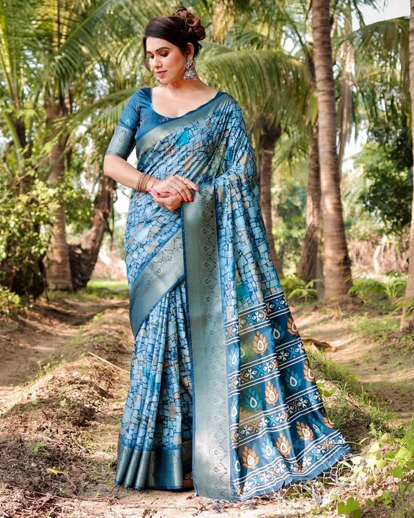 Mesmerizing_Blue_Tussar_Silk_Saree_with_Golden_Zari_Border_and_Mosaic-Inspired_Pallu_Design