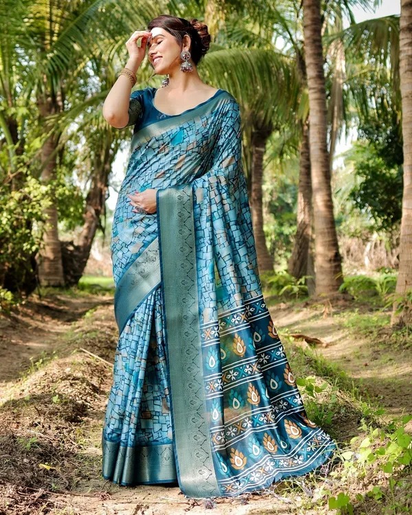Mesmerizing_Blue_Tussar_Silk_Saree_with_Golden_Zari_Border_and_Mosaic-Inspired_Pallu_Design