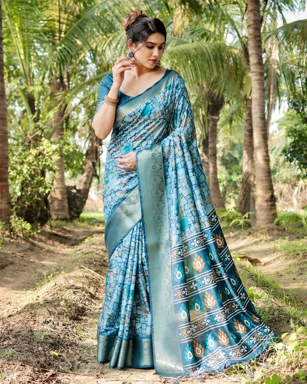 Mesmerizing_Blue_Tussar_Silk_Saree_with_Golden_Zari_Border_and_Mosaic-Inspired_Pallu_Design