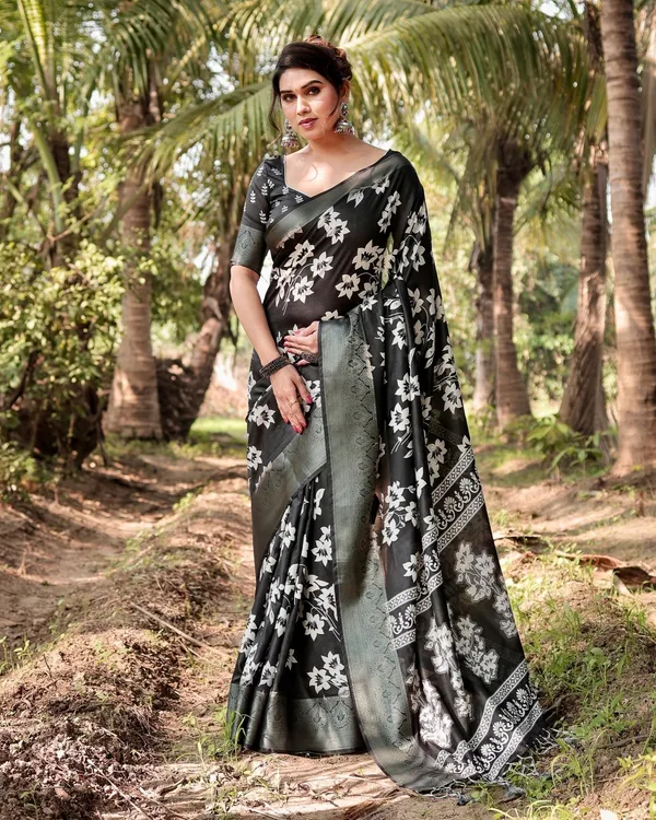 Elegant_Black_Tussar_Silk_Saree_with_Zari_Embellished_Border_and_Bold_Floral_Pallu