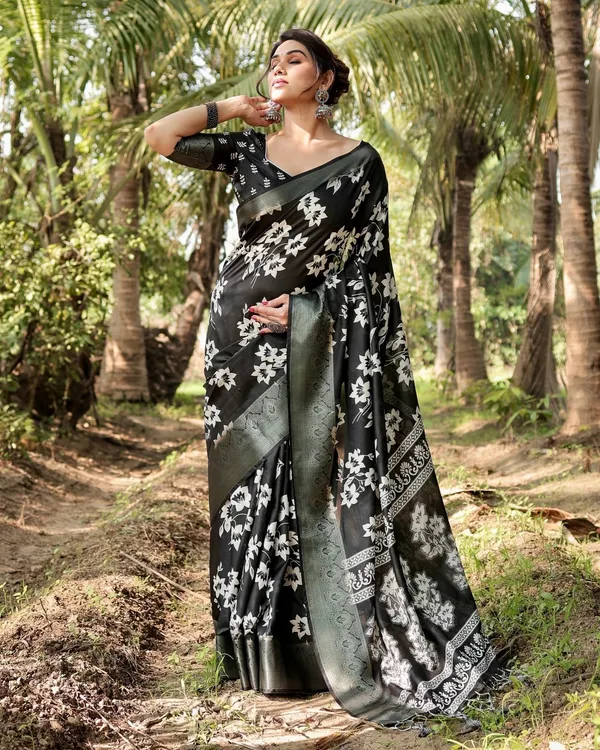 Elegant_Black_Tussar_Silk_Saree_with_Zari_Embellished_Border_and_Bold_Floral_Pallu