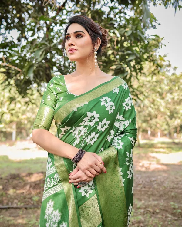 Enchanting_Green_Tussar_Silk_Saree_with_White_Floral_Prints_and_Zari_Border