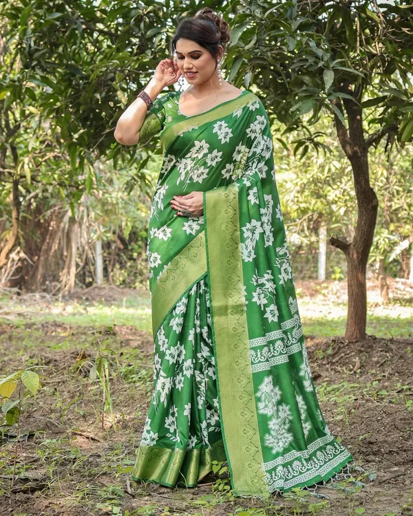 Enchanting_Green_Tussar_Silk_Saree_with_White_Floral_Prints_and_Zari_Border