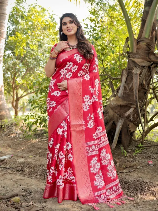 Graceful_Red_Tussar_Silk_Saree_with_White_Floral_Design_and_Zari_Border
