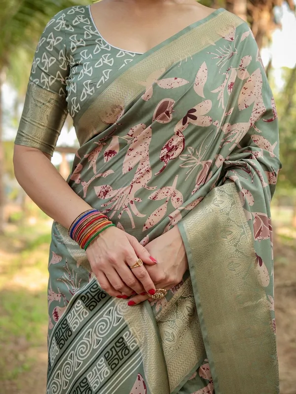 Graceful_Olive_Green_Tussar_Silk_Saree_with_Intricate_Beige_and_Maroon_Botanical_Print_and_Zari_Border