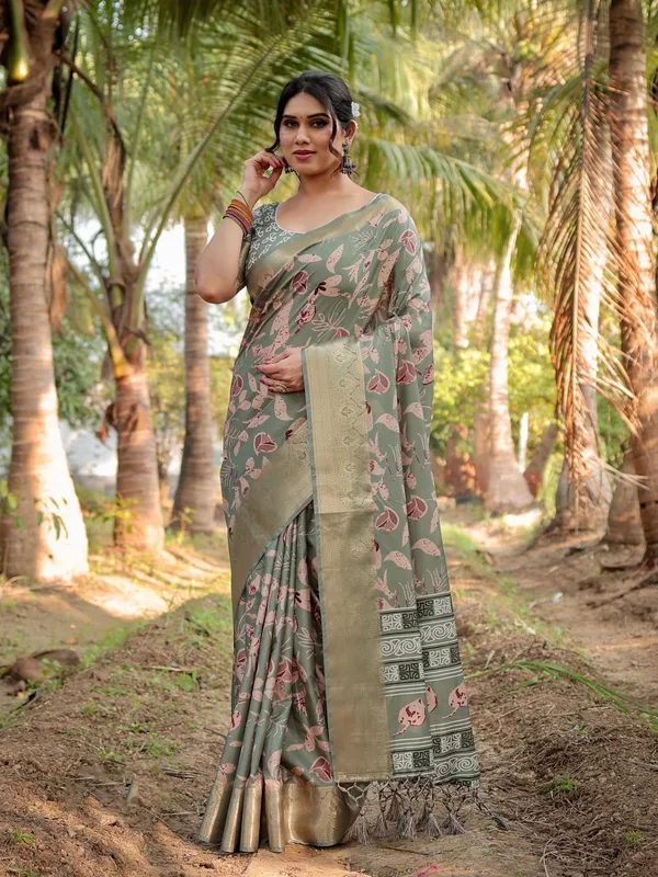 Graceful_Olive_Green_Tussar_Silk_Saree_with_Intricate_Beige_and_Maroon_Botanical_Print_and_Zari_Border