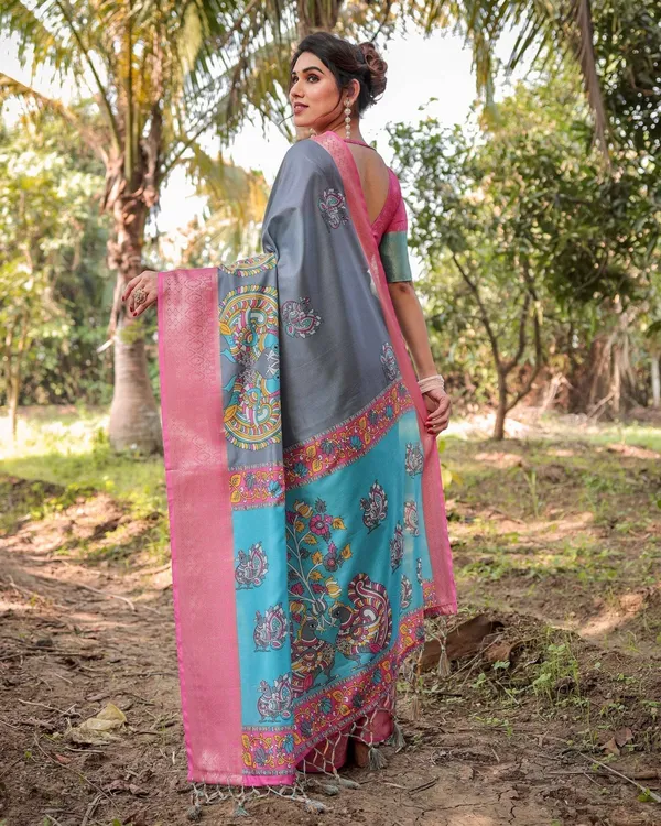 Pastel_Grey_and_Turquoise_Digital_Print_Tussar_Silk_Saree_with_Pink_Zari_Border_and_Peacock_Motif_Pallu
