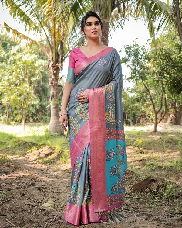 Pastel_Grey_and_Turquoise_Digital_Print_Tussar_Silk_Saree_with_Pink_Zari_Border_and_Peacock_Motif_Pallu