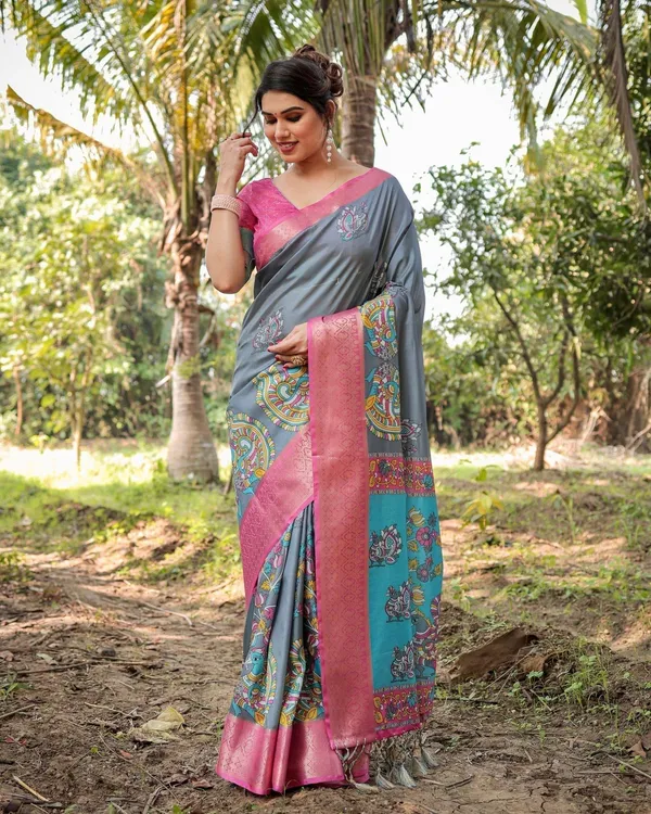 Pastel_Grey_and_Turquoise_Digital_Print_Tussar_Silk_Saree_with_Pink_Zari_Border_and_Peacock_Motif_Pallu