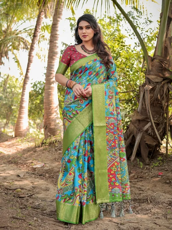 Vibrant_Peacock_Motif_Blue_and_Green_Tussar_Silk_Saree_with_Zari_Border