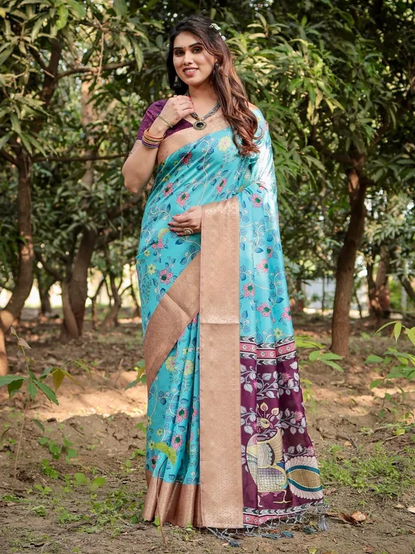 Aqua_Blue_Tussar_Silk_Saree_with_Floral_Vine_Design_and_Gold_Zari_Border