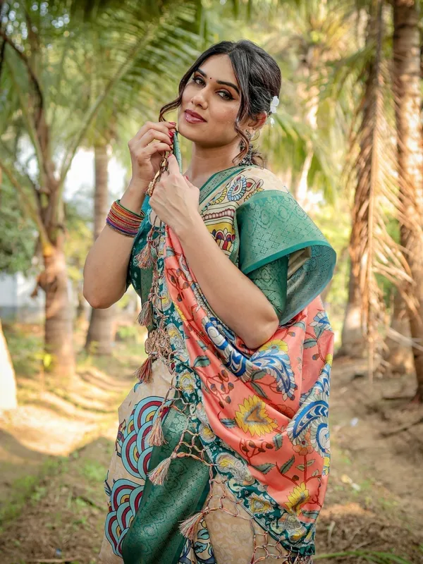 Beige_&_Coral_Elegant_Tussar_Silk_Saree_in_Beige_and_Coral_with_Madhubani_Pallu_and_Zari_Accents