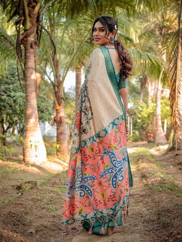 Beige_&_Coral_Elegant_Tussar_Silk_Saree_in_Beige_and_Coral_with_Madhubani_Pallu_and_Zari_Accents