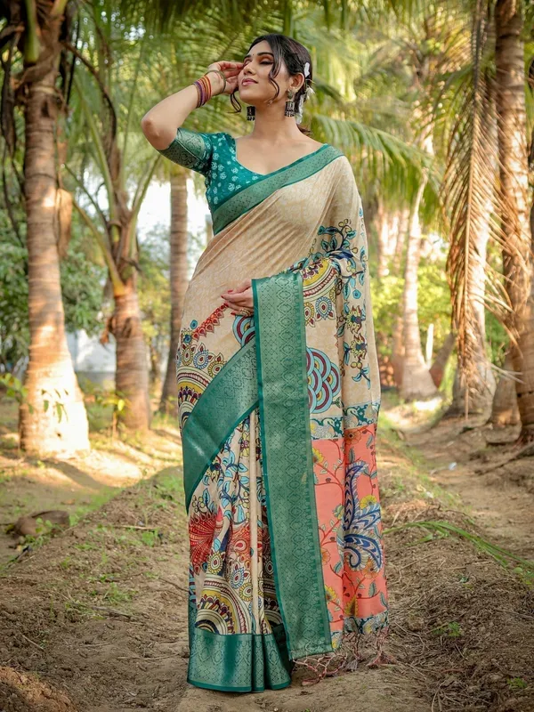Beige_&_Coral_Elegant_Tussar_Silk_Saree_in_Beige_and_Coral_with_Madhubani_Pallu_and_Zari_Accents