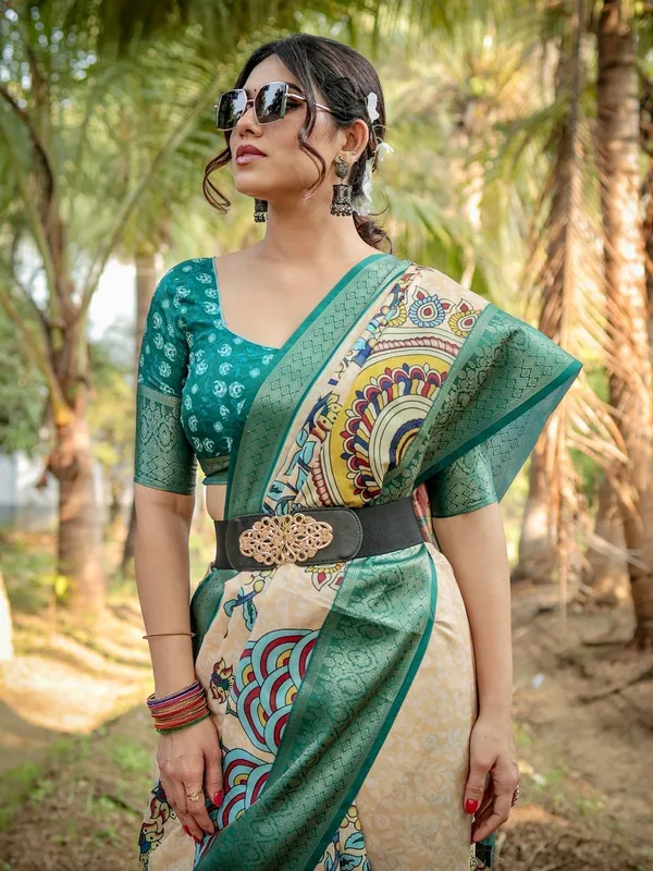 Beige_&_Coral_Elegant_Tussar_Silk_Saree_in_Beige_and_Coral_with_Madhubani_Pallu_and_Zari_Accents