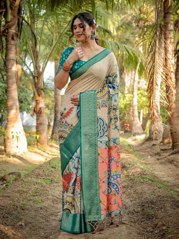 Beige_&_Coral_Elegant_Tussar_Silk_Saree_in_Beige_and_Coral_with_Madhubani_Pallu_and_Zari_Accents