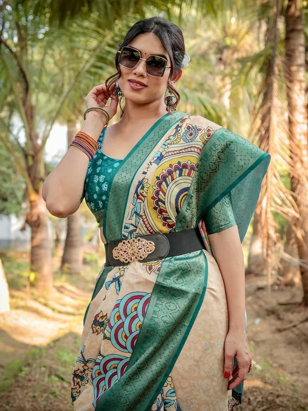 Beige_&_Coral_Elegant_Tussar_Silk_Saree_in_Beige_and_Coral_with_Madhubani_Pallu_and_Zari_Accents
