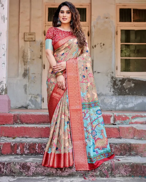 Beige_Tussar_Silk_Saree_with_Vibrant_Multicolor_Floral_Prints_and_Red_Zari_Border