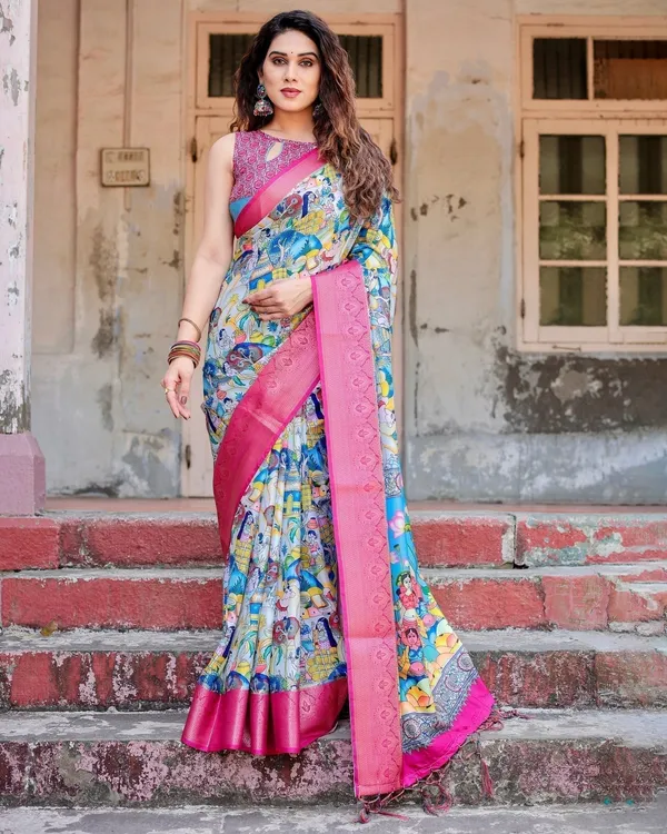 Vibrant_Multicolor_Digital_Printed_Tussar_Silk_Saree_with_Pink_Zari_Border