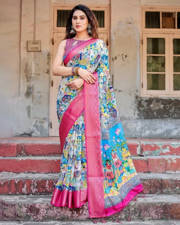 Vibrant_Multicolor_Digital_Printed_Tussar_Silk_Saree_with_Pink_Zari_Border