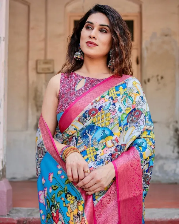 Vibrant_Multicolor_Digital_Printed_Tussar_Silk_Saree_with_Pink_Zari_Border