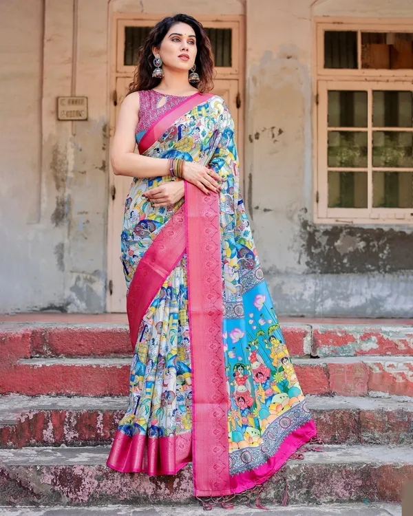 Vibrant_Multicolor_Digital_Printed_Tussar_Silk_Saree_with_Pink_Zari_Border