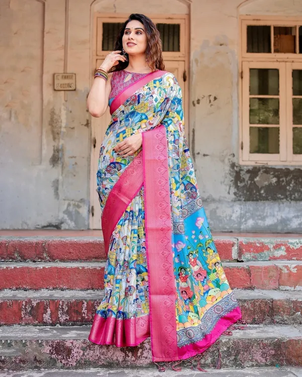 Vibrant_Multicolor_Digital_Printed_Tussar_Silk_Saree_with_Pink_Zari_Border