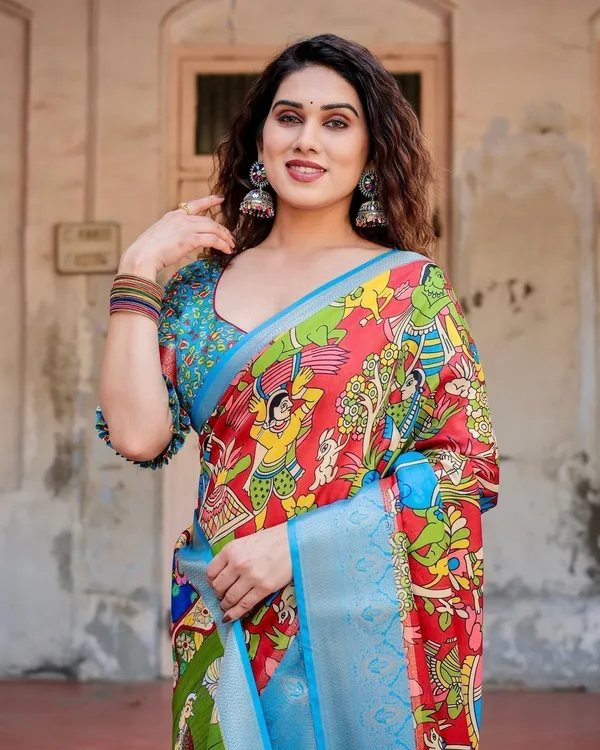Multicolor_Folk_Art_Inspired_Digital_Print_Tussar_Silk_Saree_with_Sky_Blue_Zari_Border