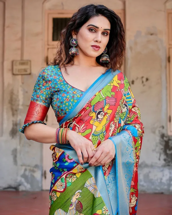 Multicolor_Folk_Art_Inspired_Digital_Print_Tussar_Silk_Saree_with_Sky_Blue_Zari_Border